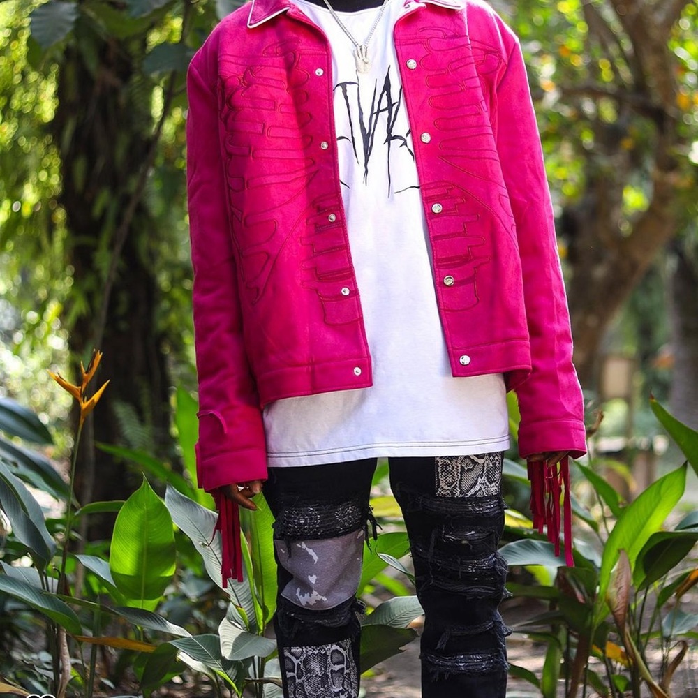 Pink Suede Jacket With Fringing And Embroidery